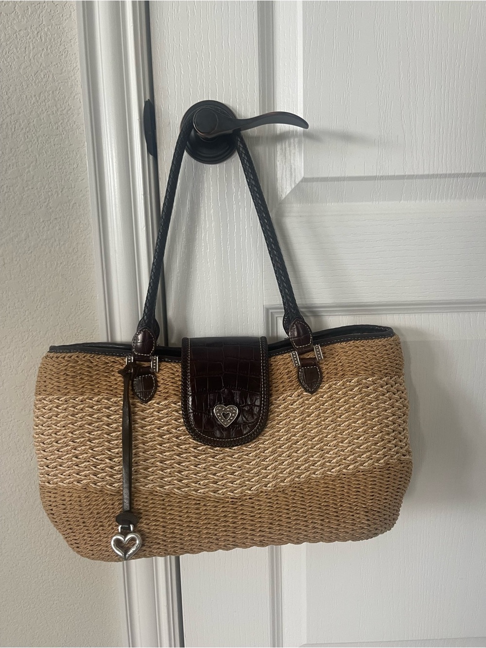 Brighton Straw Tote with Dark Brown Trim and Heart Charm